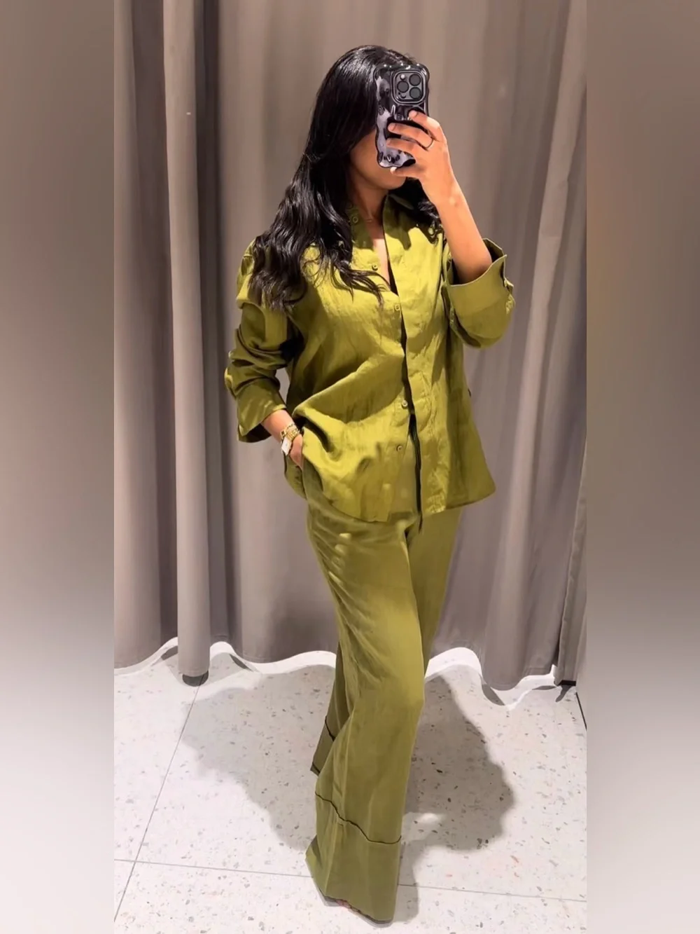 Zara 100% Linen  Button-Up Top and Wide Leg Pants Set